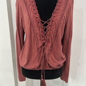 American Eagle Outfitters Lace-Up Terracotta Blouse